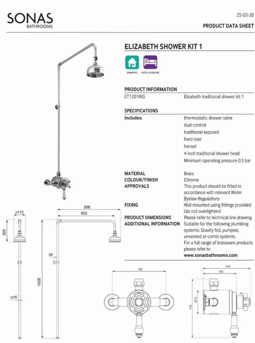 SONAS Shower Kit (Vale and Fixed Riser) - Image 2