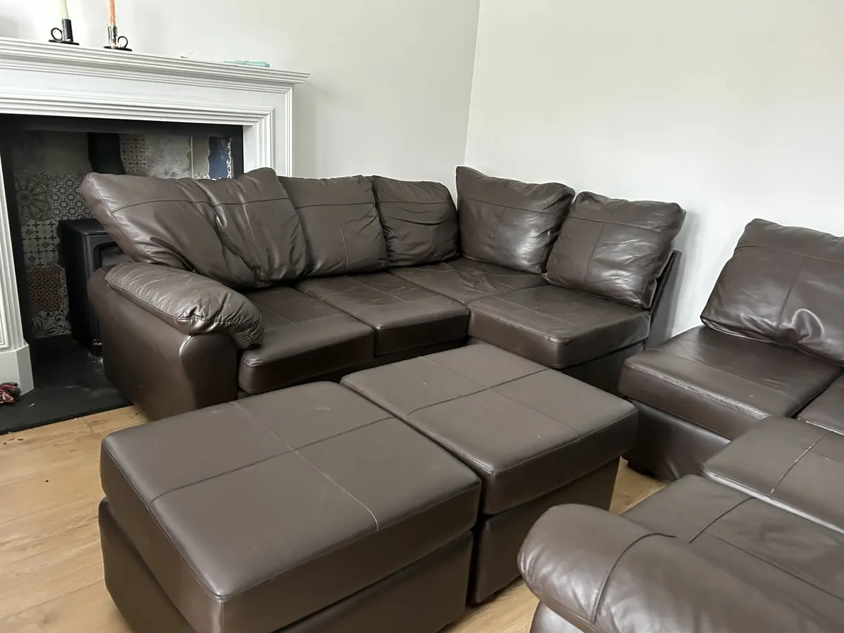 2 x Brown Leather Effect Corner Sofas - Image 1