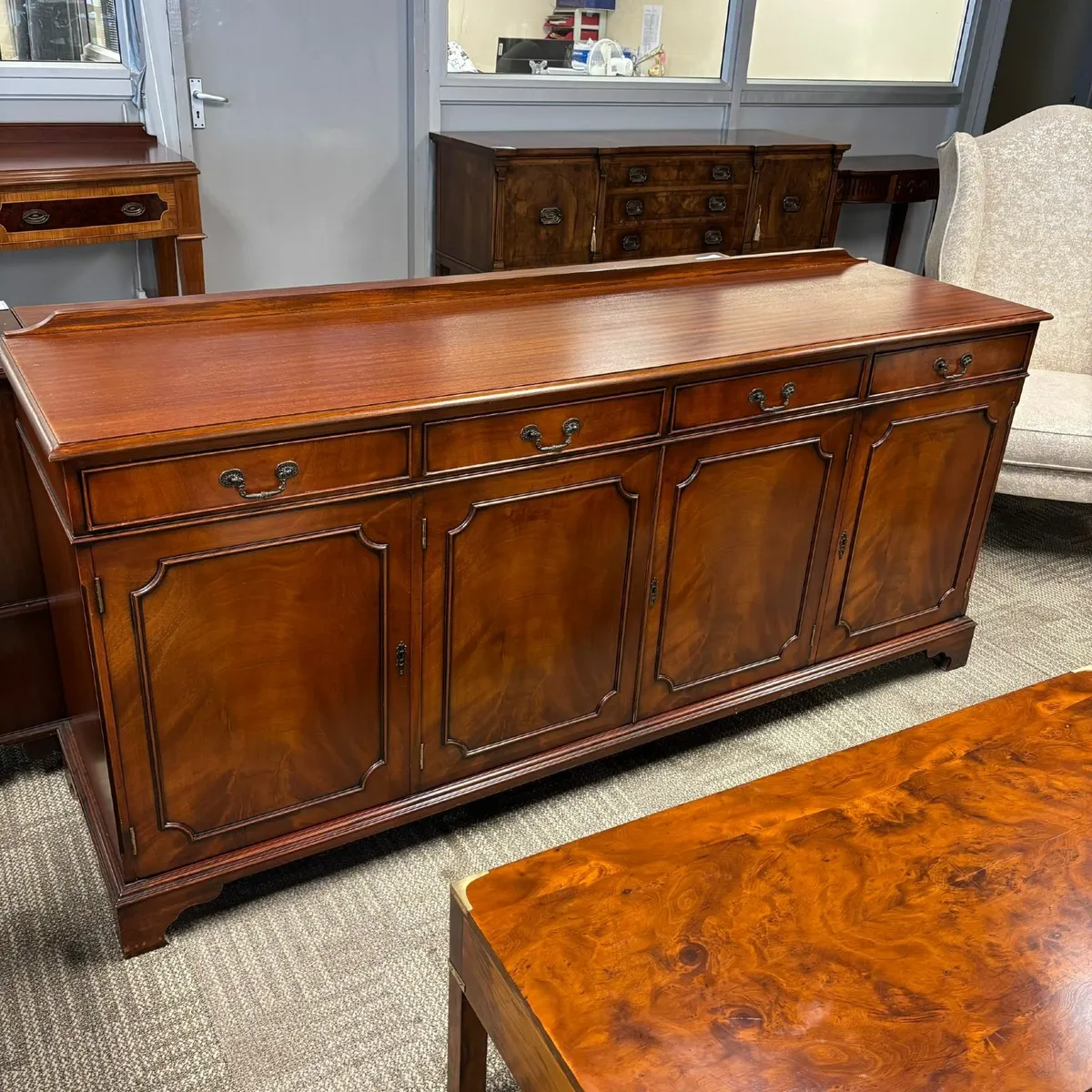Fabulous four door mahogany flamed sideboard. Encl