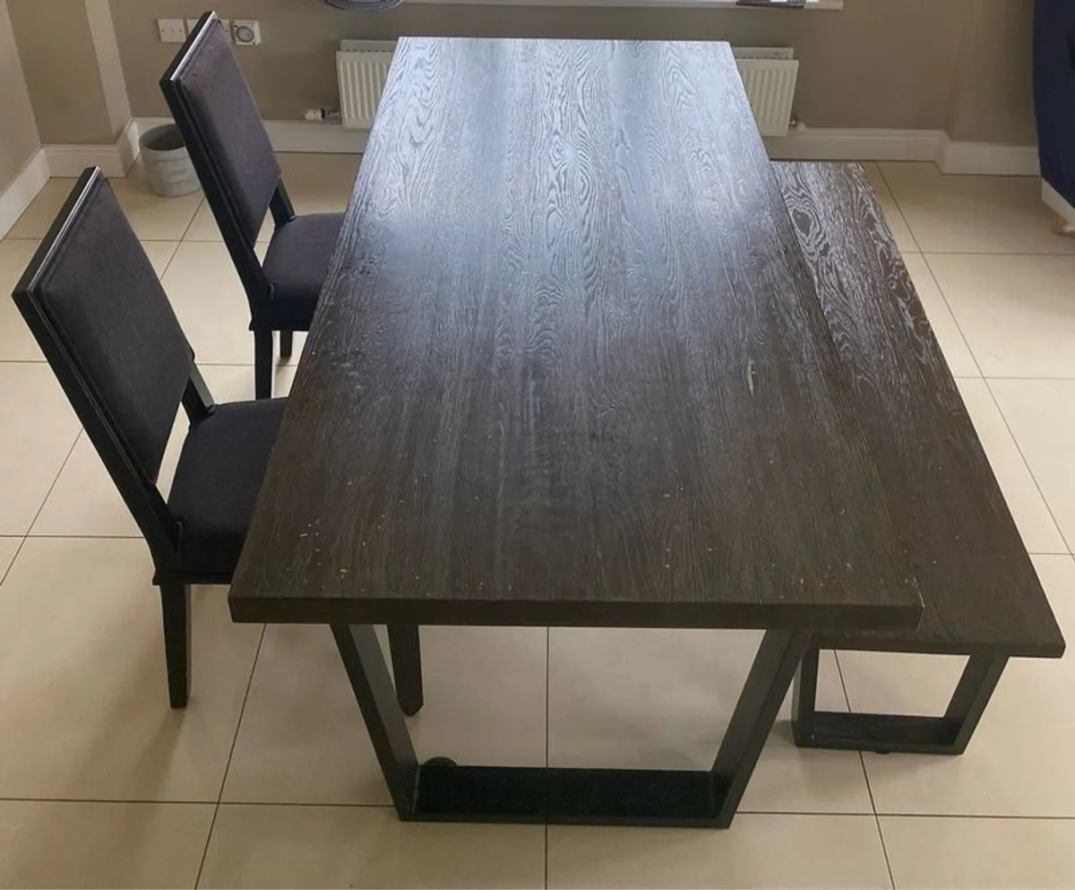 Modern Dark Wood Dining Table with Bench + 2 Laura Ashley Chairs - Image 1