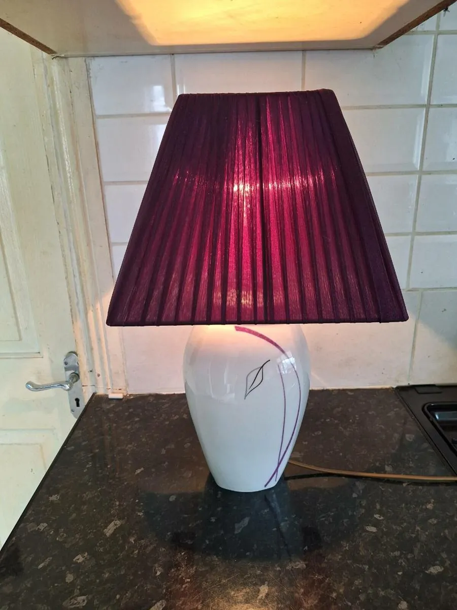 Lovely ceramic table lamp with purple shade - Image 1