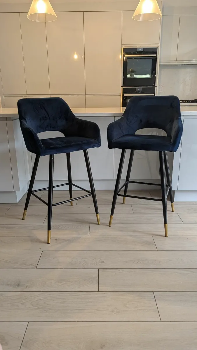2 Velvet-Touch Navy Blue Bar Stools - Image 1