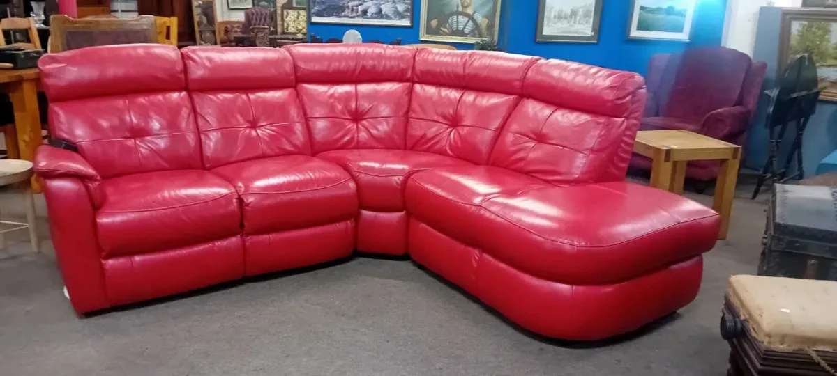 Large Red Real Leather Corner Sofa - Image 1