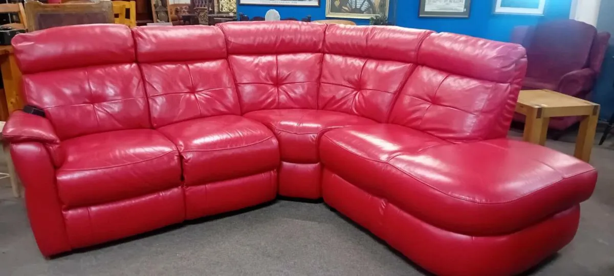 Large Red Real Leather Corner Sofa - Image 2