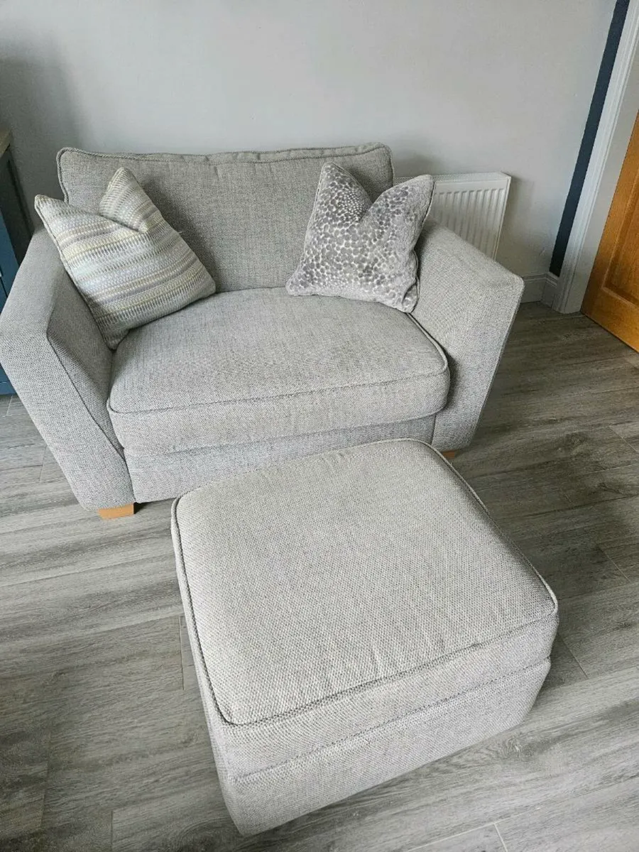 3 seater sofa, cuddler armchair and footstool - Image 1