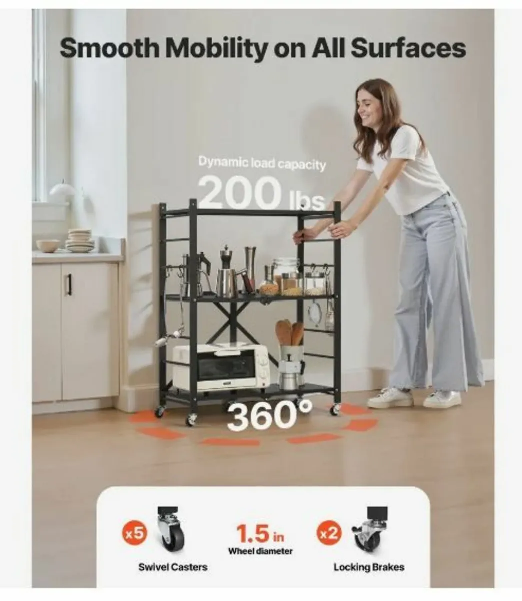 3-Tier Foldable Storage Shelf with Wheels - Image 3