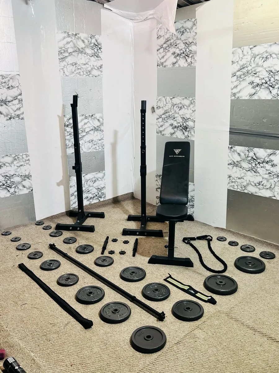WORKOUT SET STEEL WEIGHTS BAR RACK BENCH ETC - Image 2
