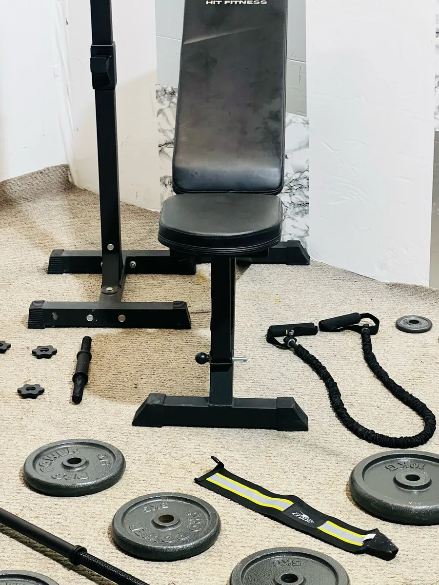WORKOUT SET STEEL WEIGHTS BAR RACK BENCH ETC - Image 3