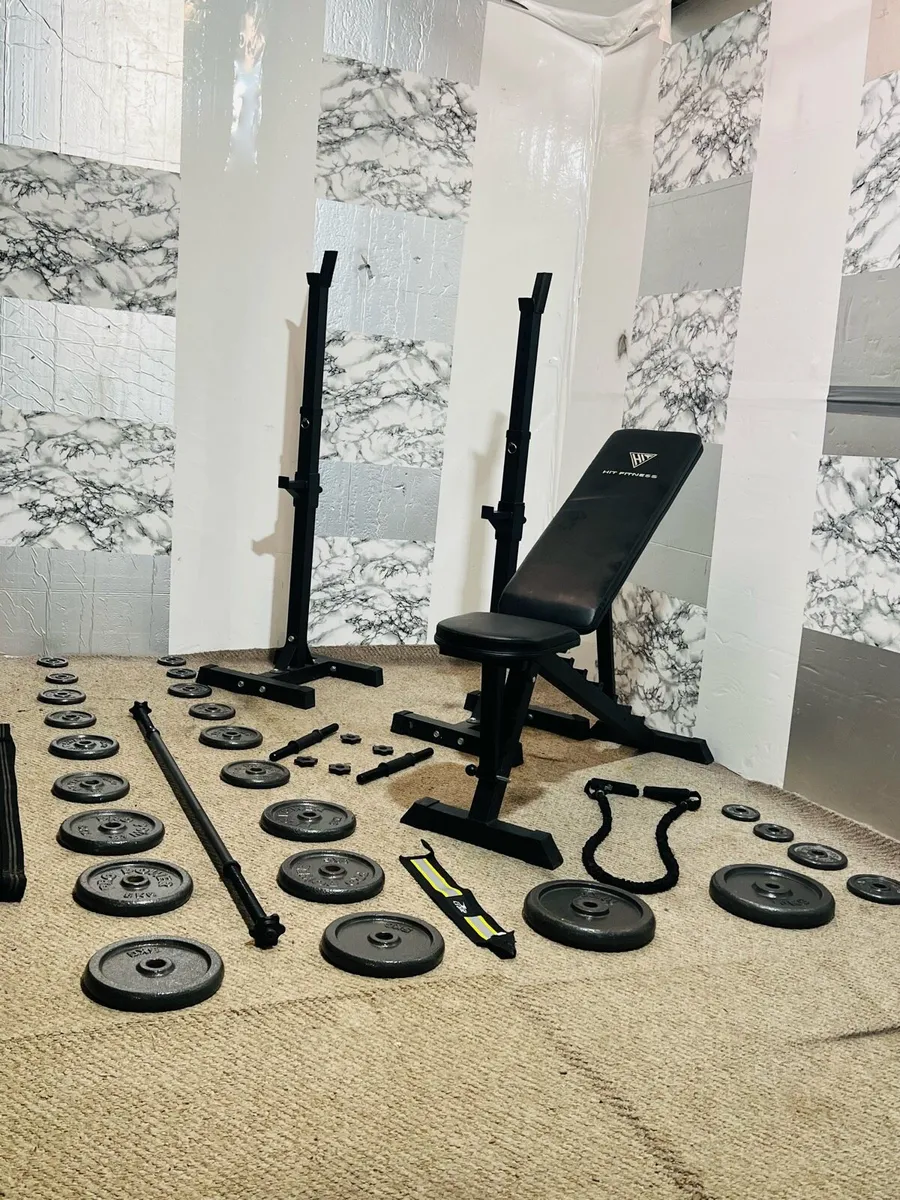 WORKOUT SET STEEL WEIGHTS BAR RACK BENCH ETC - Image 1