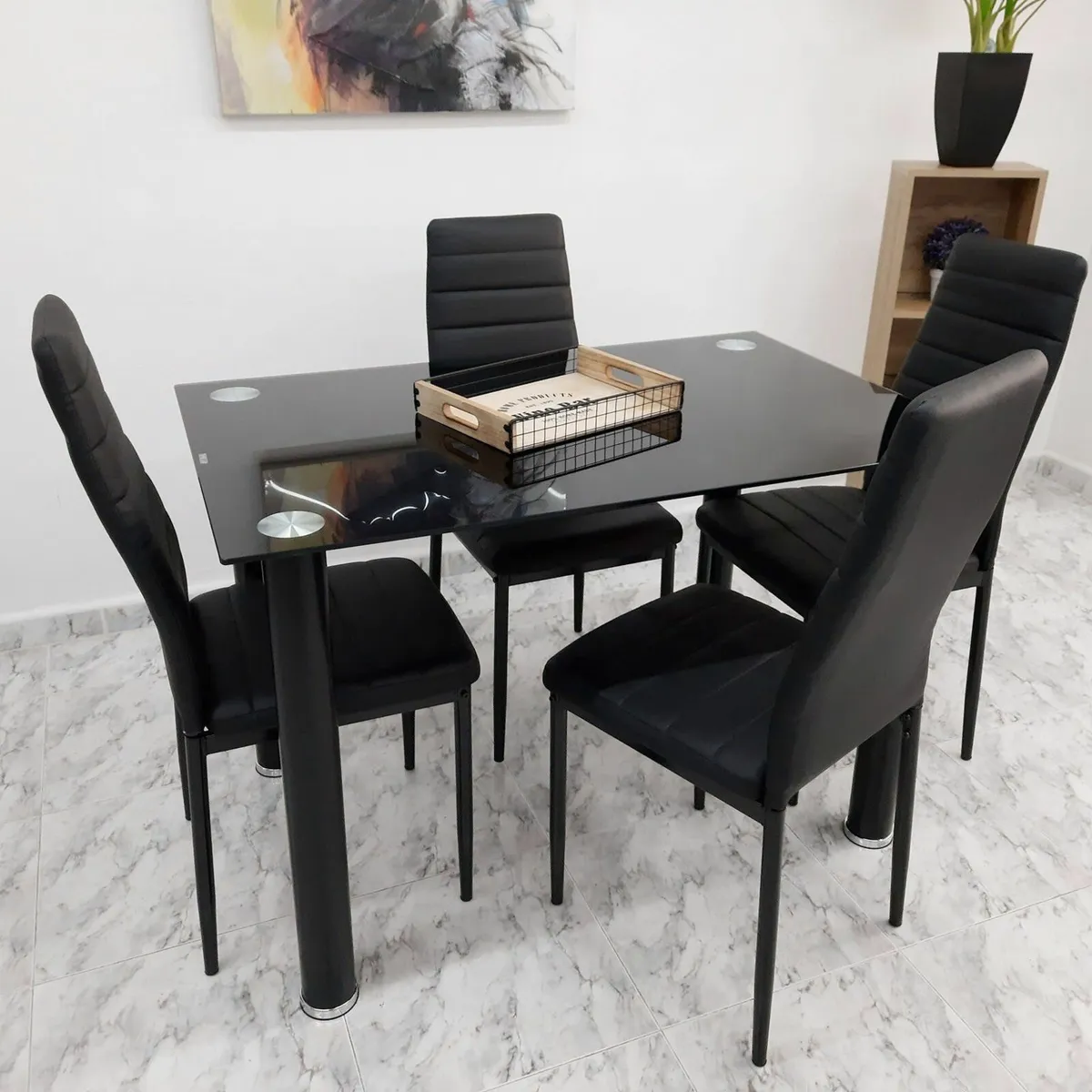 Compact Glass Dining Table Set Seats 4 , Black - Image 1