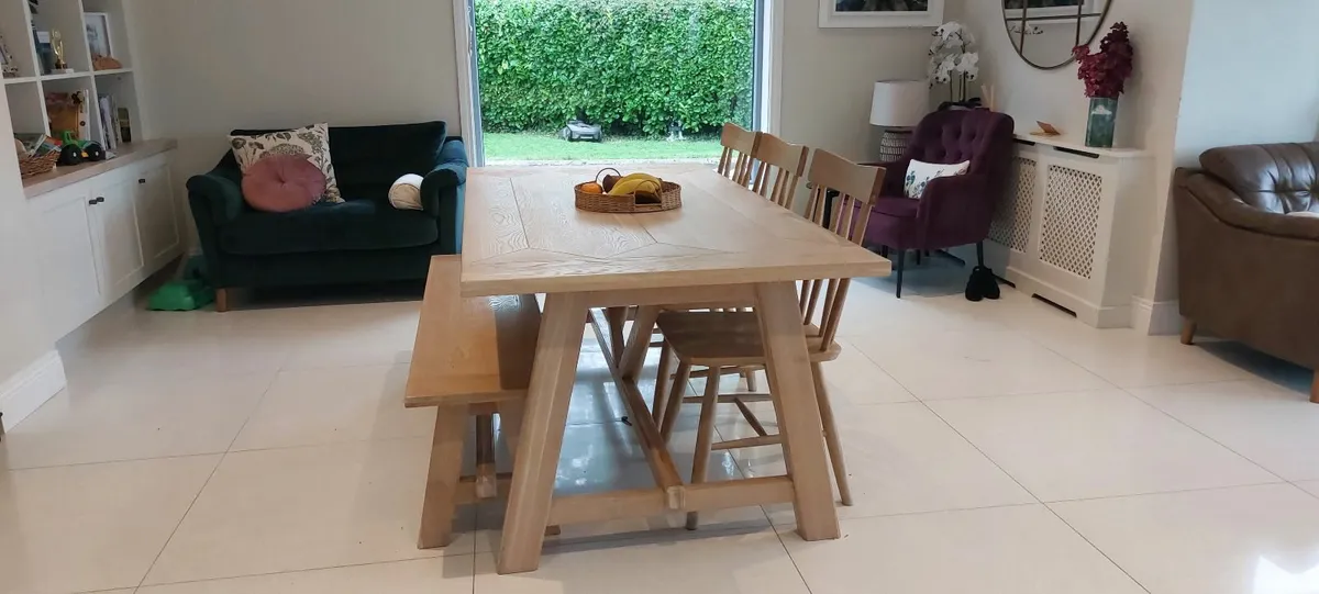 Oak Dining Table with matching  chairs and bench - Image 1