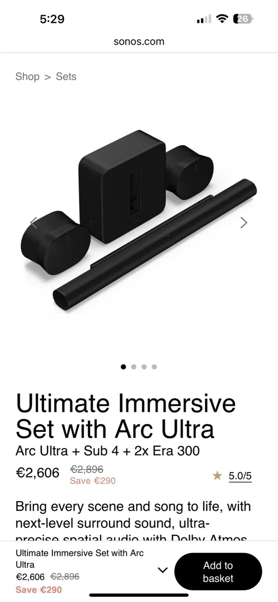 Sonos Arc Ultra, sub 4 + 2 x Era 300’s