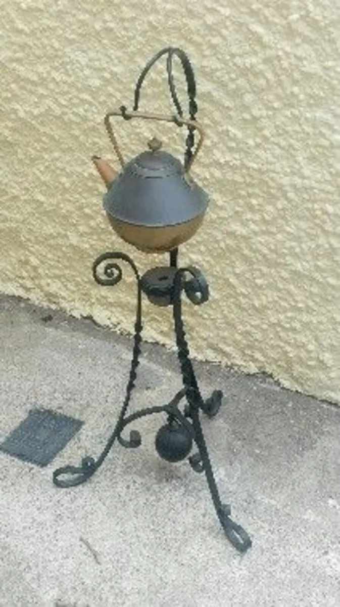 Antique Spirit Kettle on tripod metal stand - Image 1