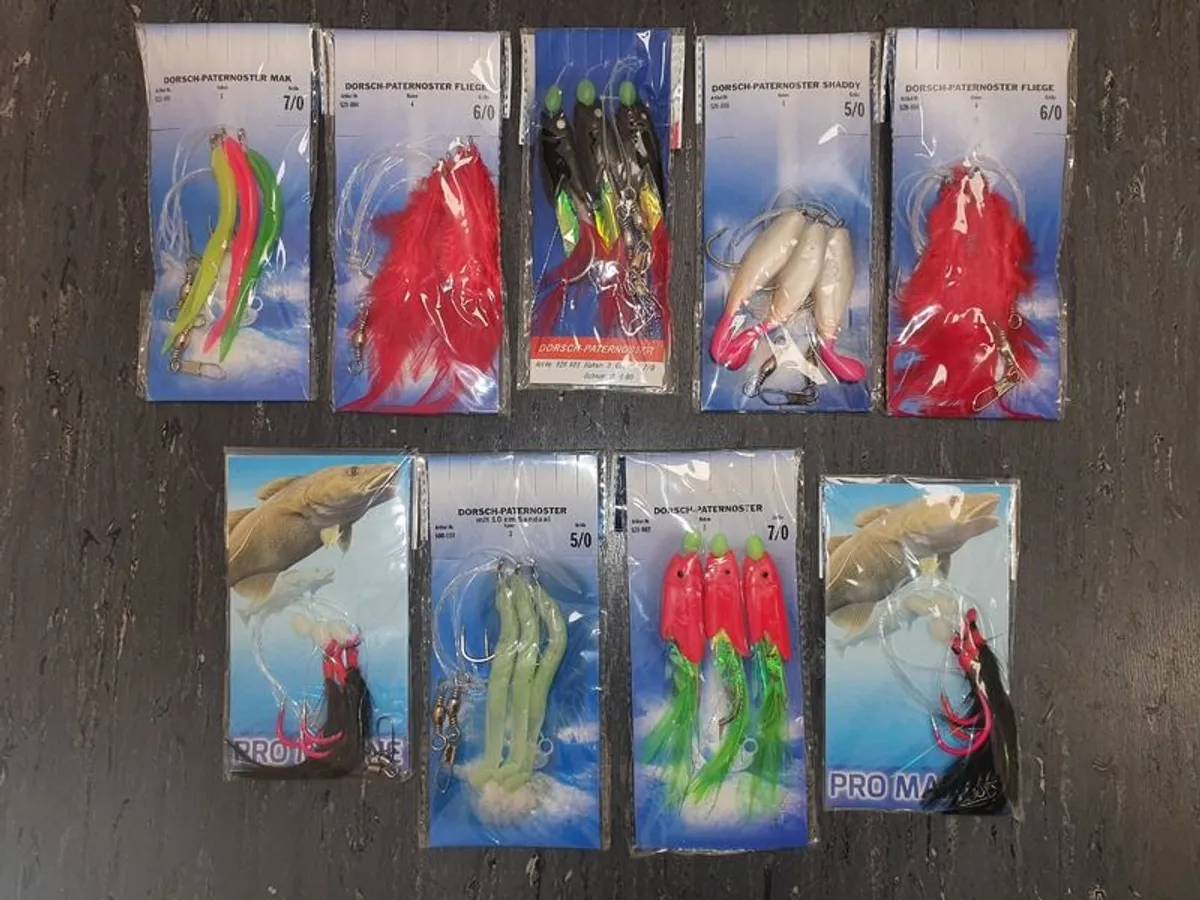No#3 - NEW - Set of 9 packs Strong Sea Rigs Feathers on Big Hooks 5/0, 6/0 and 7/0 - Bait Trace Paternoster Lures Cod Pollock Ling Conger Bass Mackerel - Image 1