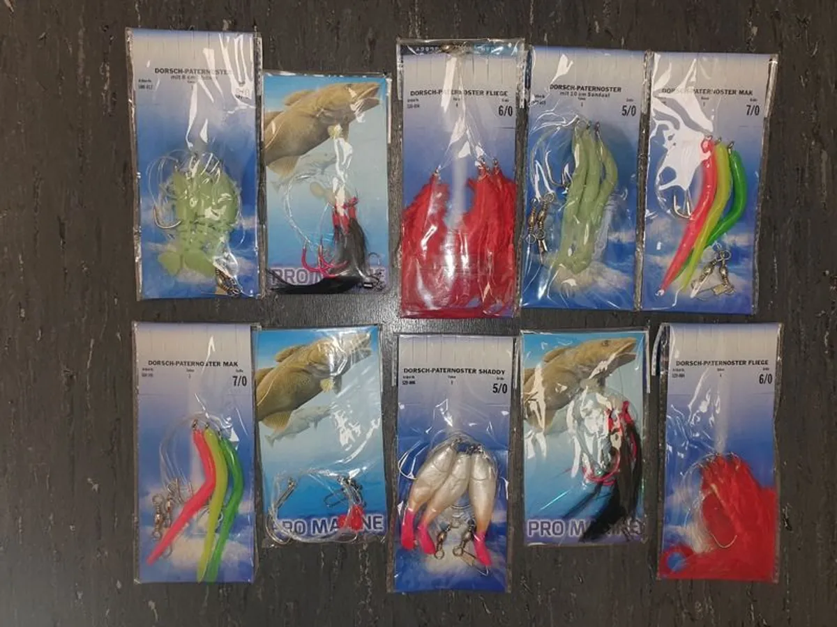 No#1 - NEW - Set of 10 packs Strong Sea Rigs Feathers on Big Hooks 5/0, 6/0 and 7/0 - Bait Trace Paternoster Lures Cod Pollock Ling Conger Bass Mackerel - Image 1