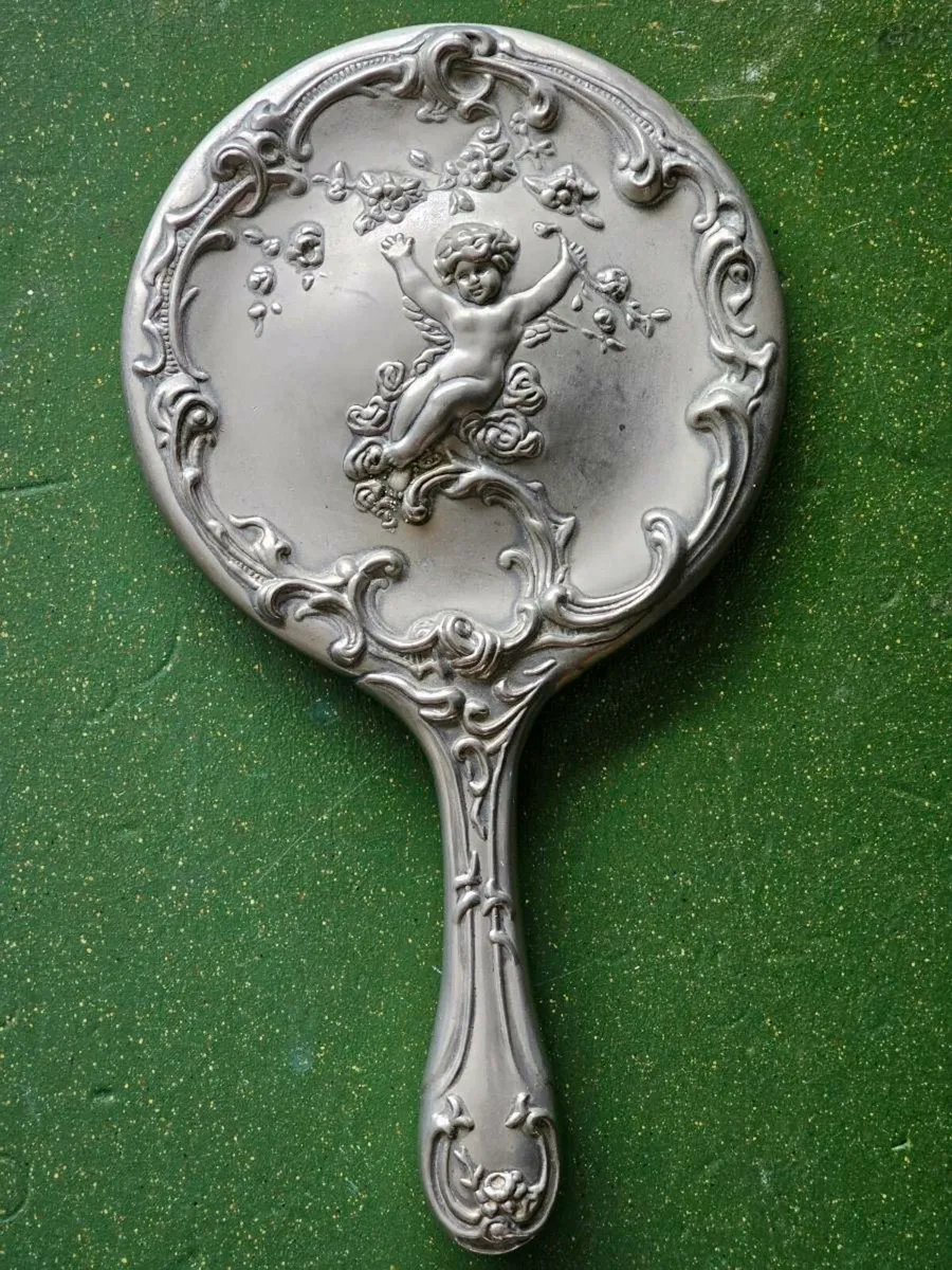 Antique Handheld Silver Mirror, Ornate Vintage Des - Image 1