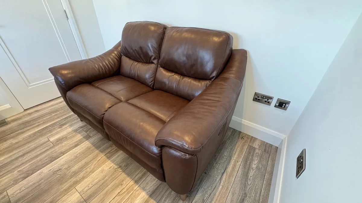Electric Recliner, Two Seater Sofa - Brown Leather - Image 2