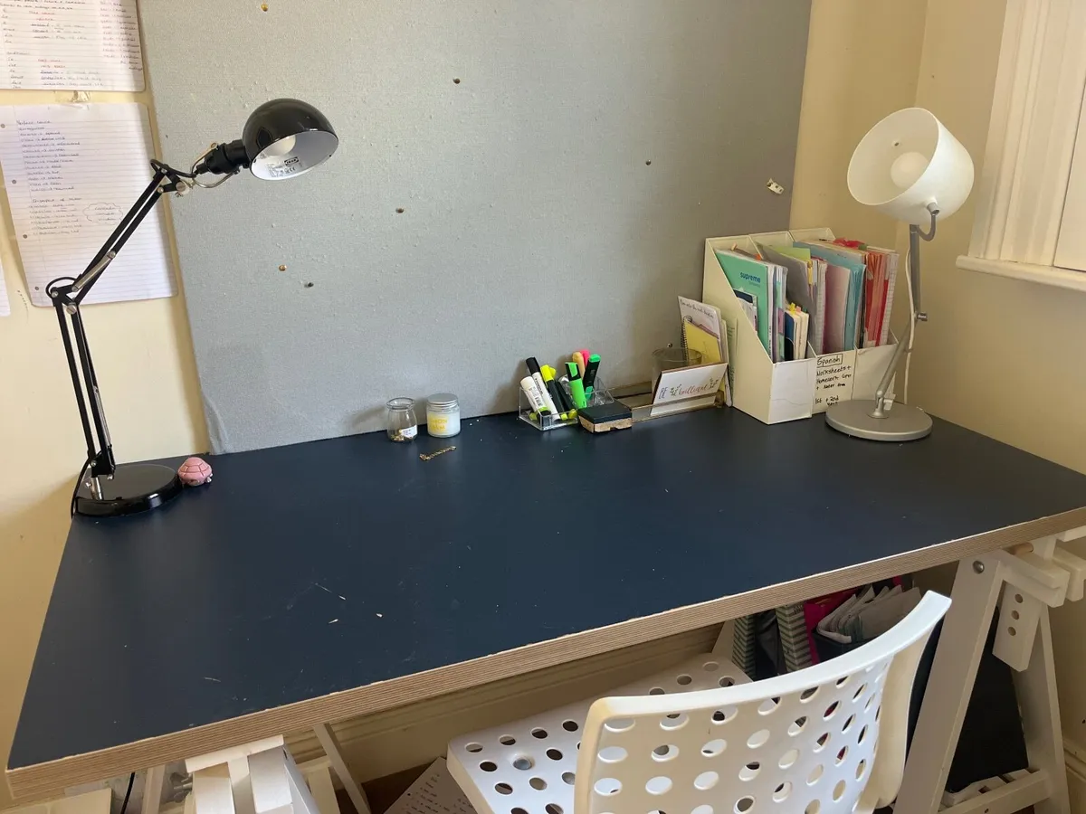 Trestle table desk plus chair and pinboard - Image 1