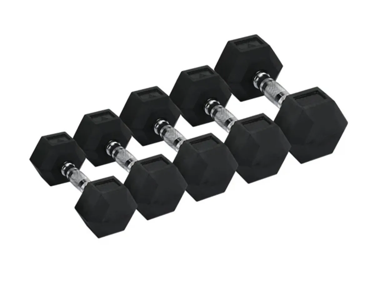 Olympic Barbell, Plates, Rack, Dumbbells, & Bench - Image 1