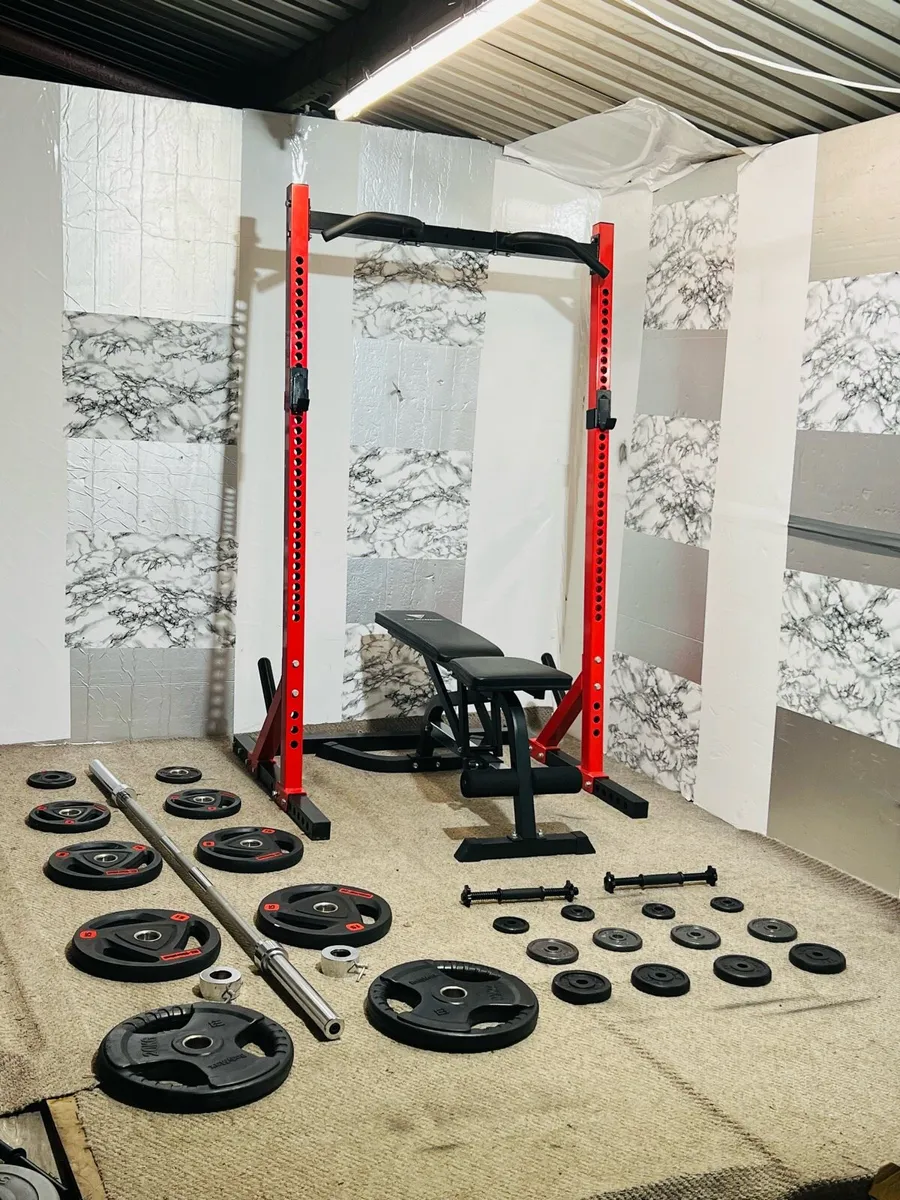 PERFECT HOME GYM RACK OVER 100KG WEIGHTS BENCH ETC - Image 1