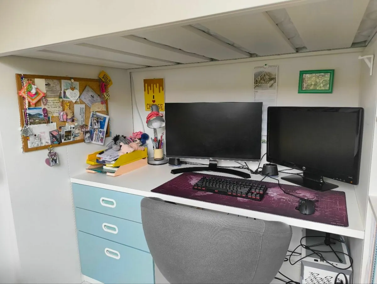 Loft bed with desk, wardrobe and drawers - Image 1