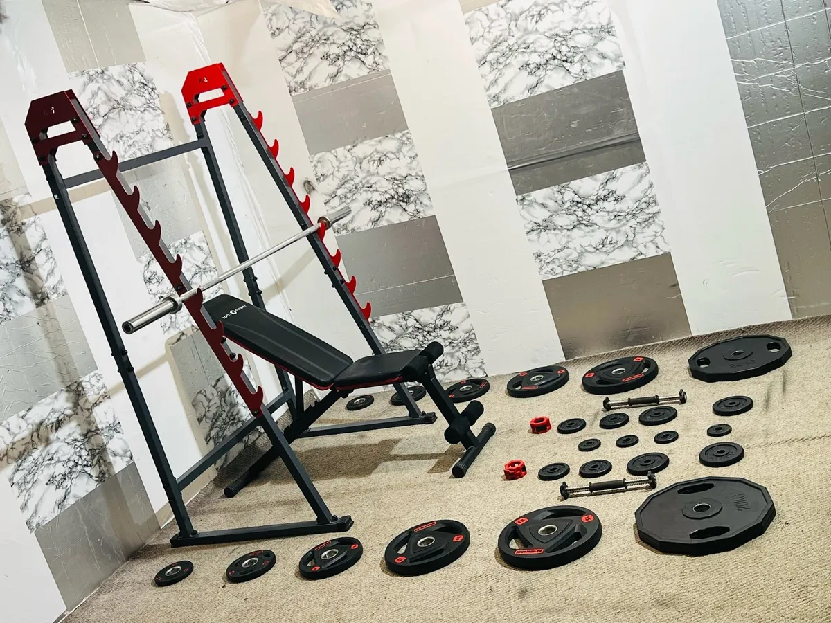 Barbell rack bench Olympic weights bar dumbbells - Image 1