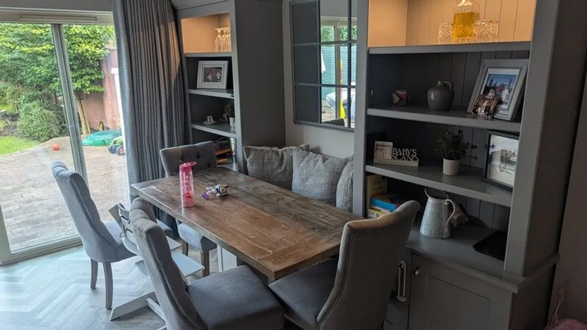 Built in, wooden display cabinets with integrated bench and bespoke kitchen table - Image 2