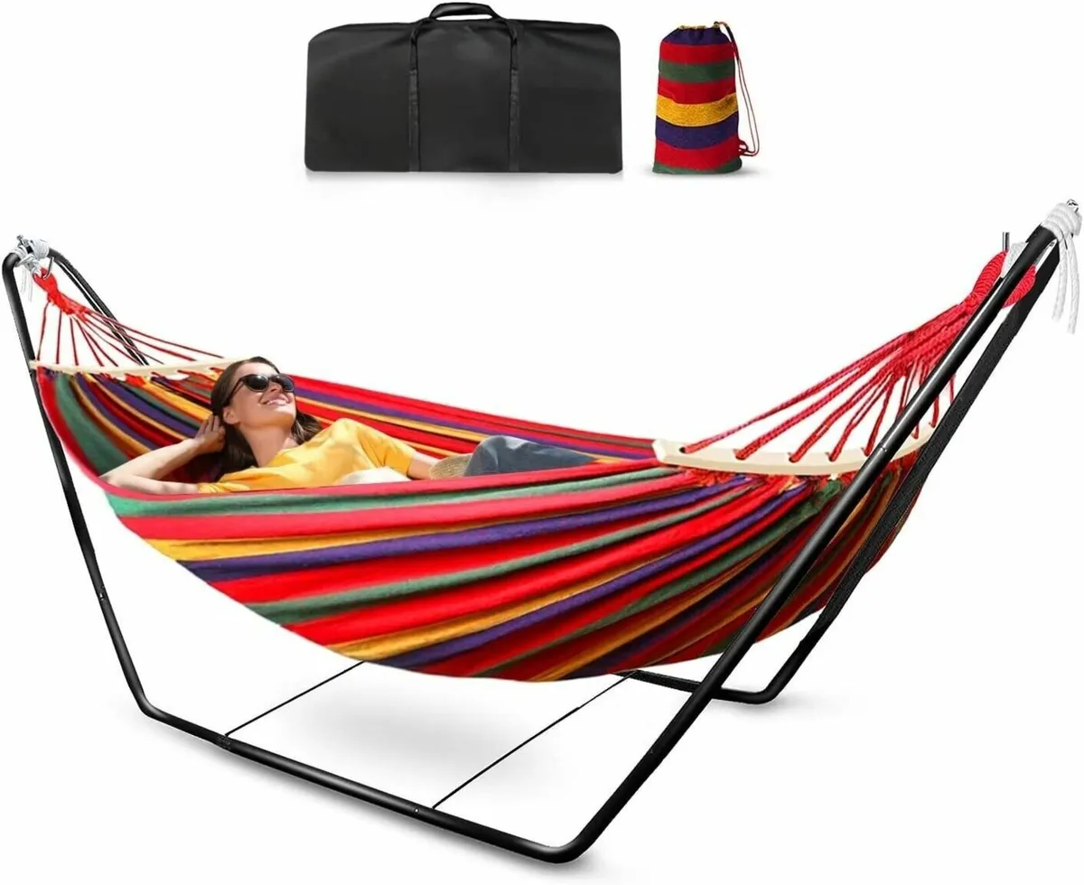 Double Hammock with Stand – Cotton Fabric & Spread - Image 1