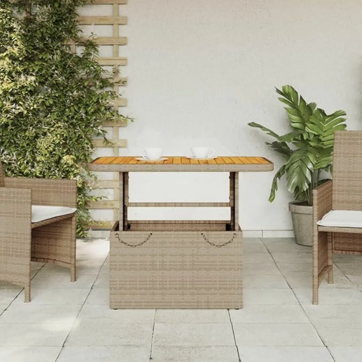 Poly Rattan Garden Table with Adjustable Acacia Wo - Image 2