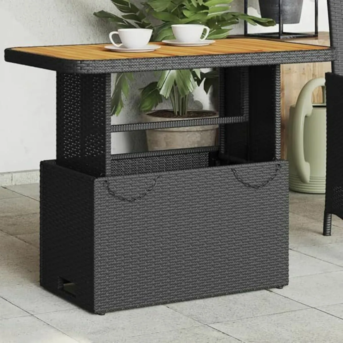 Poly Rattan Garden Table with Adjustable Acacia Wo - Image 3