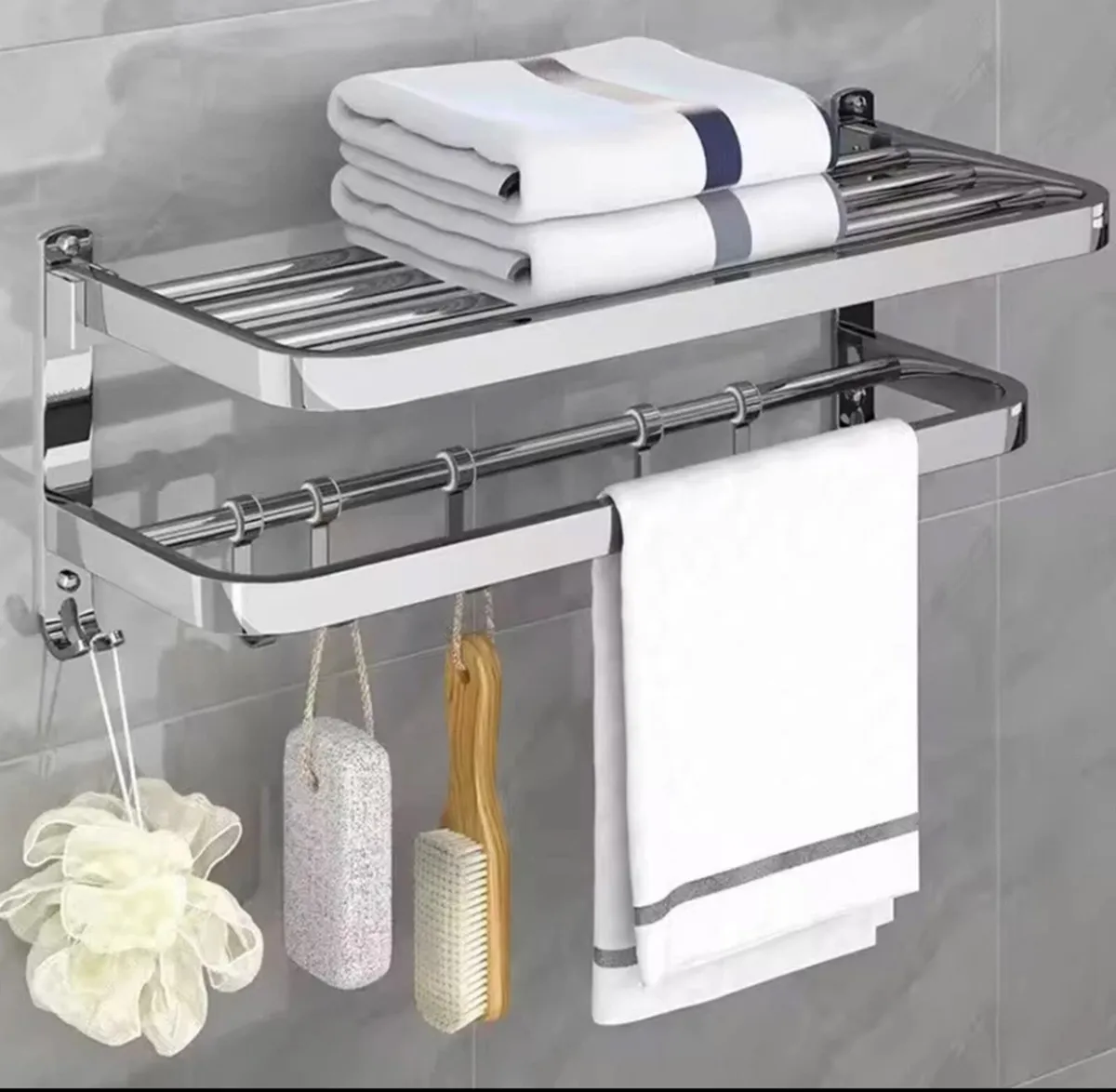NEW Double Towel Rail Wall Mounted Rack with Hooks - Image 1