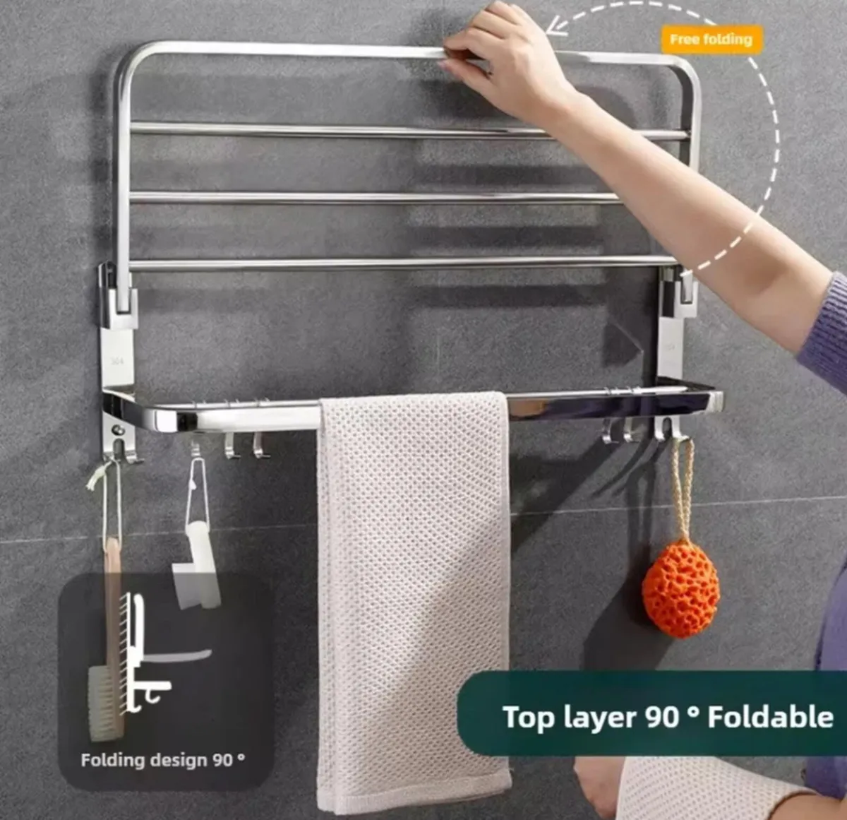 NEW Double Towel Rail Wall Mounted Rack with Hooks - Image 2