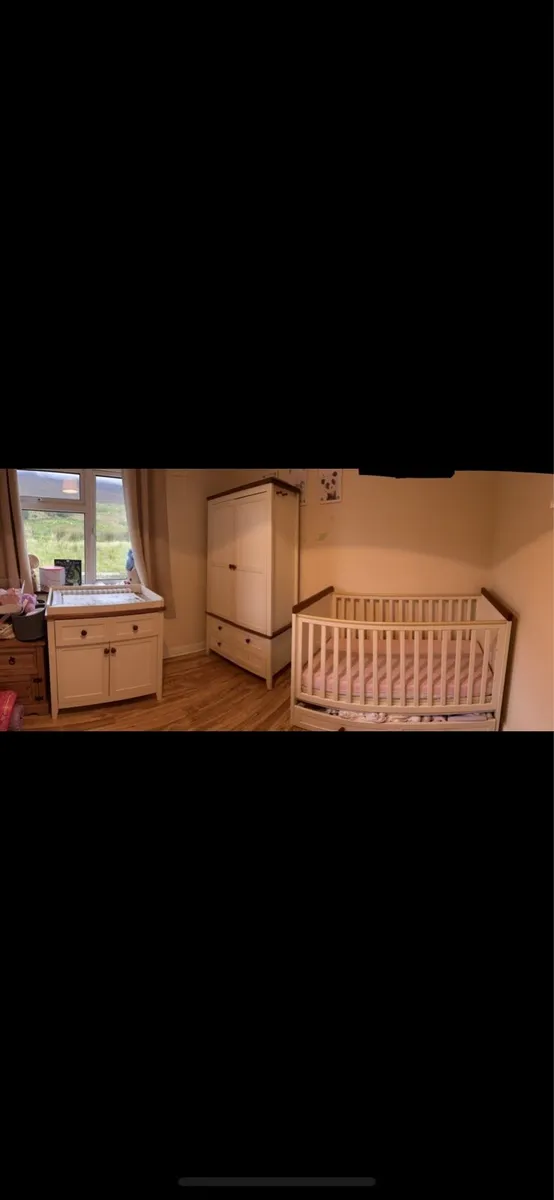 Wardrobe, changing table, cot