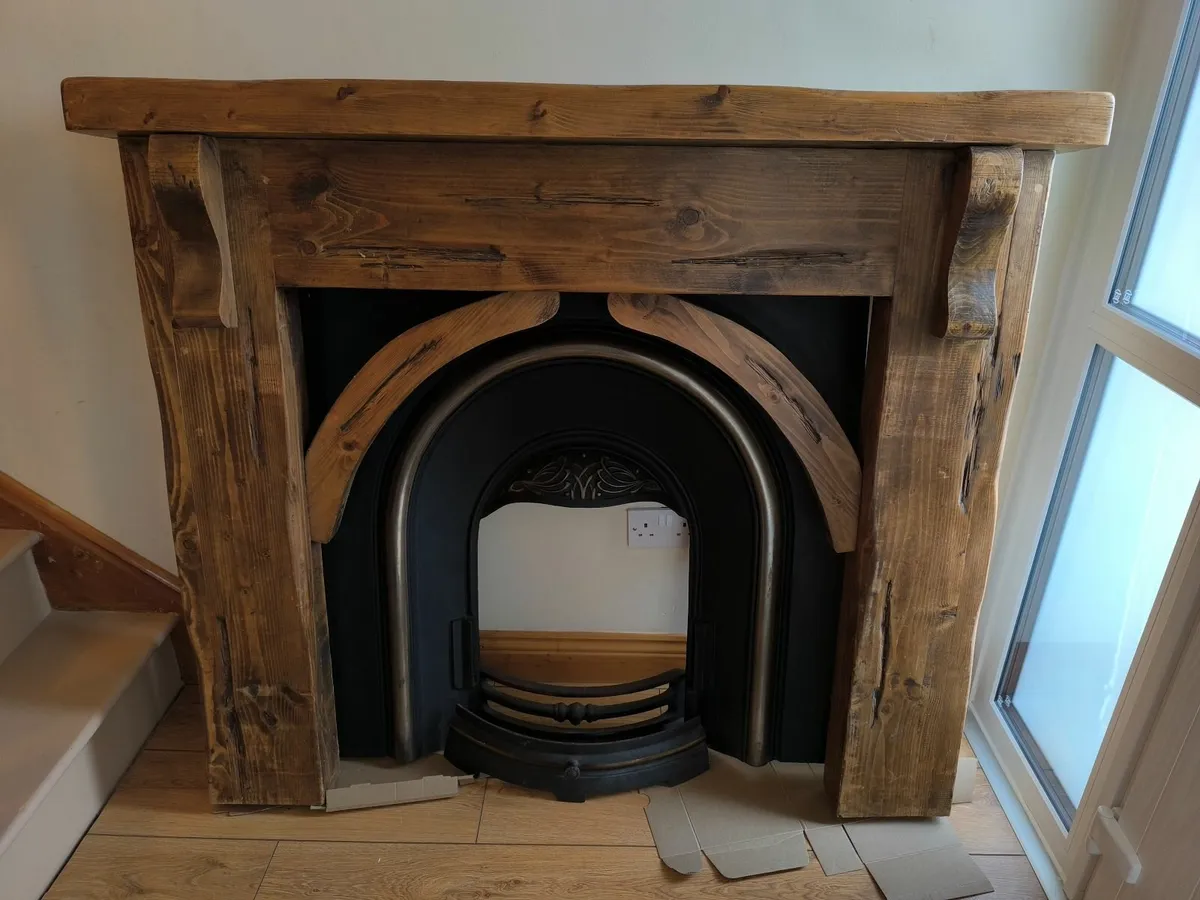 Oak fireplace, inset, and black marble hearth - Image 2