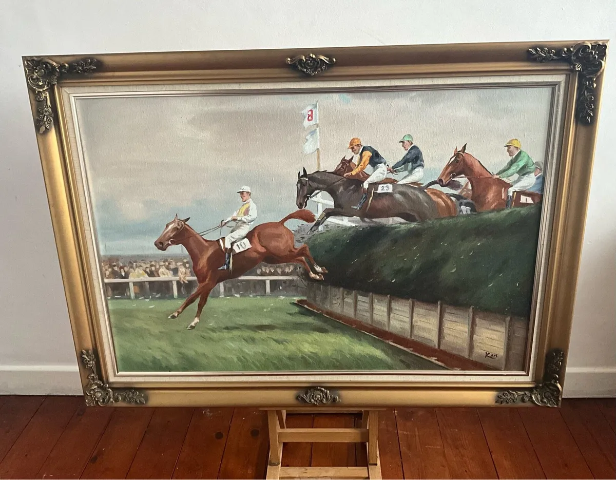 Extra Large Horse Racing Painting - Signed - Image 1