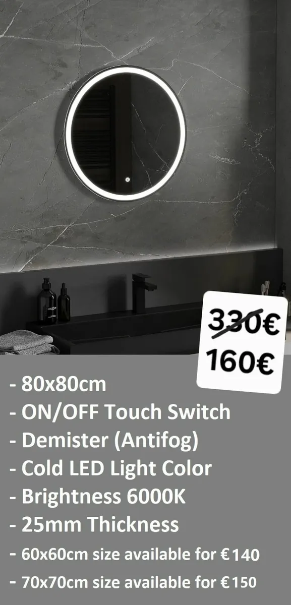 LED Bathroom Mirror Round Demister Antifog 80cm - Image 1