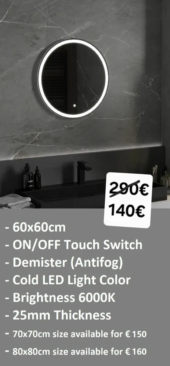 LED Bathroom Mirror Round Demister Antifog 60cm - Image 1