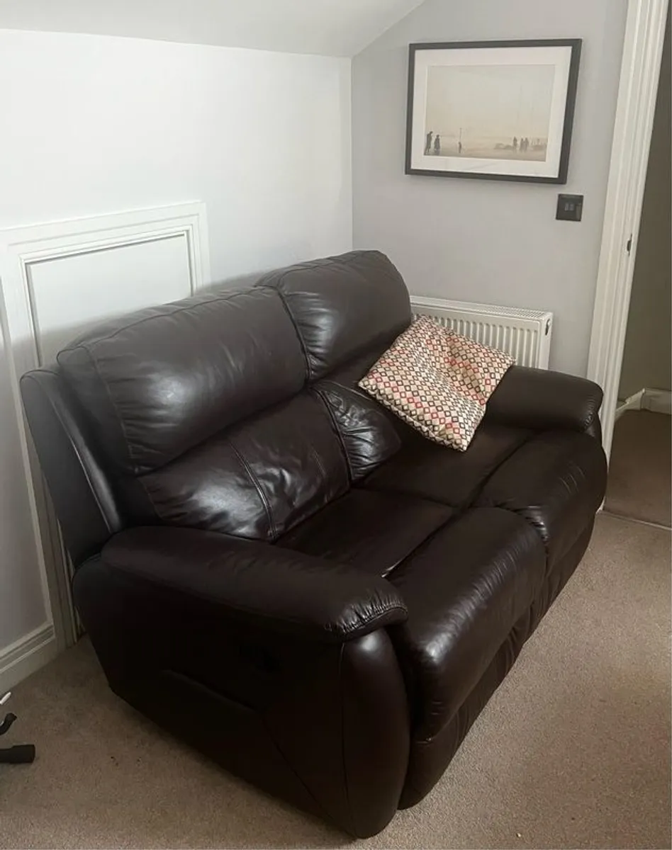 Sofa - Double recliner, brown leather - Image 1