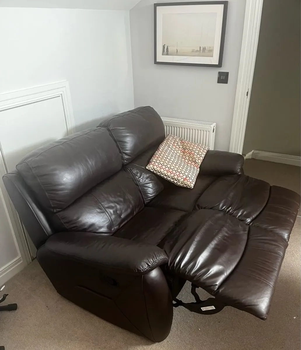 Sofa - Double recliner, brown leather - Image 3