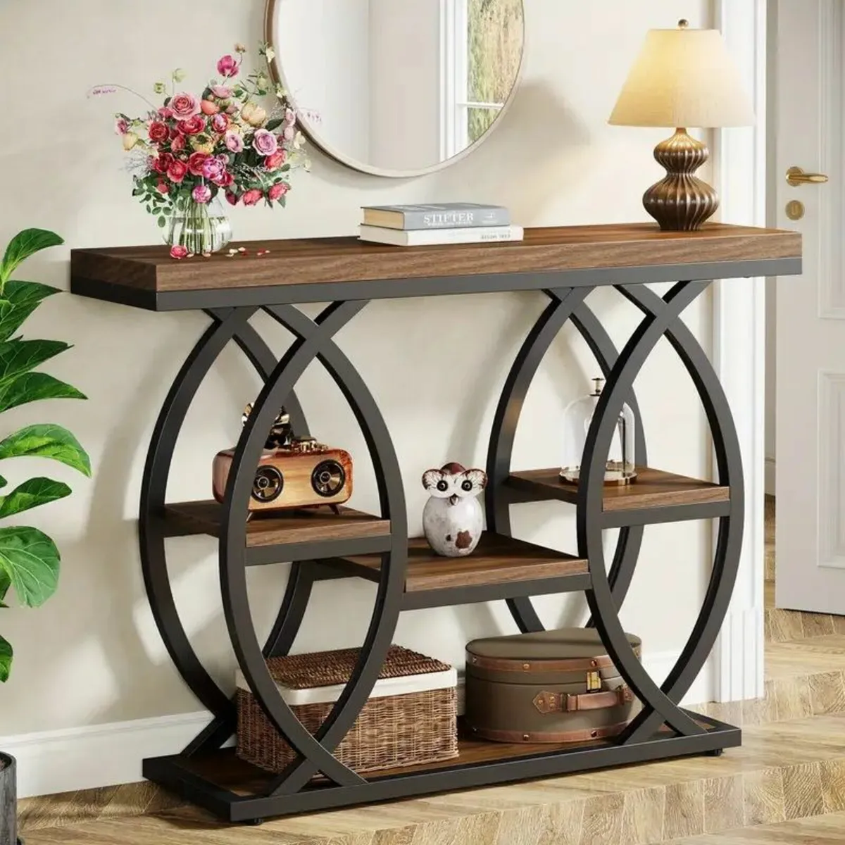 Geometric Industrial Console Table with 4 Storage - Image 1