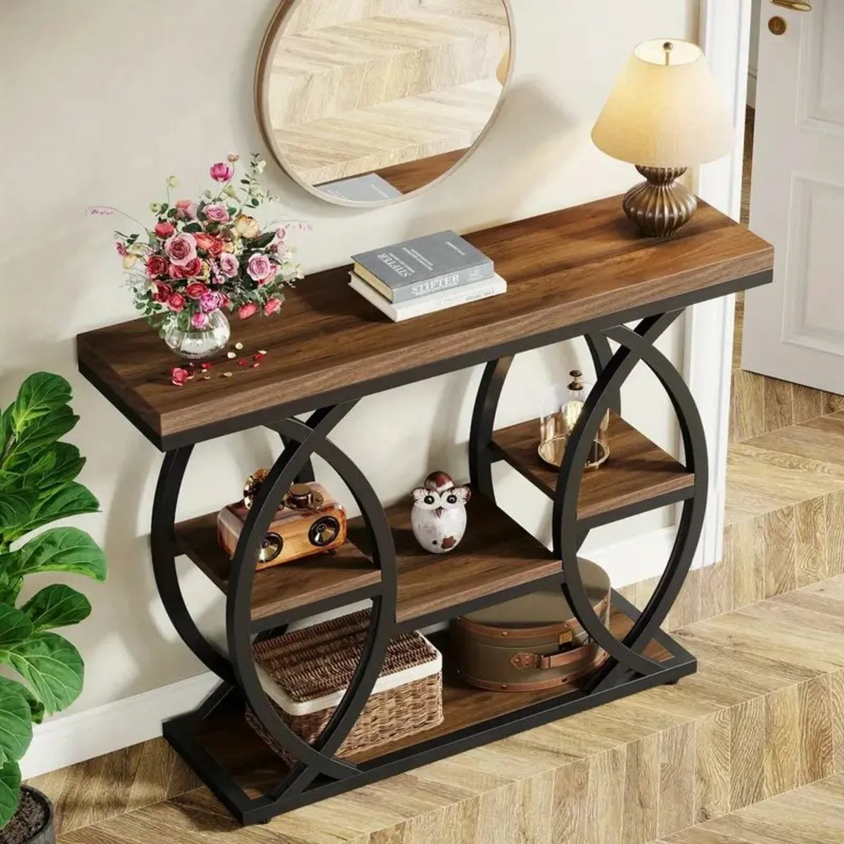 Geometric Industrial Console Table with 4 Storage - Image 3
