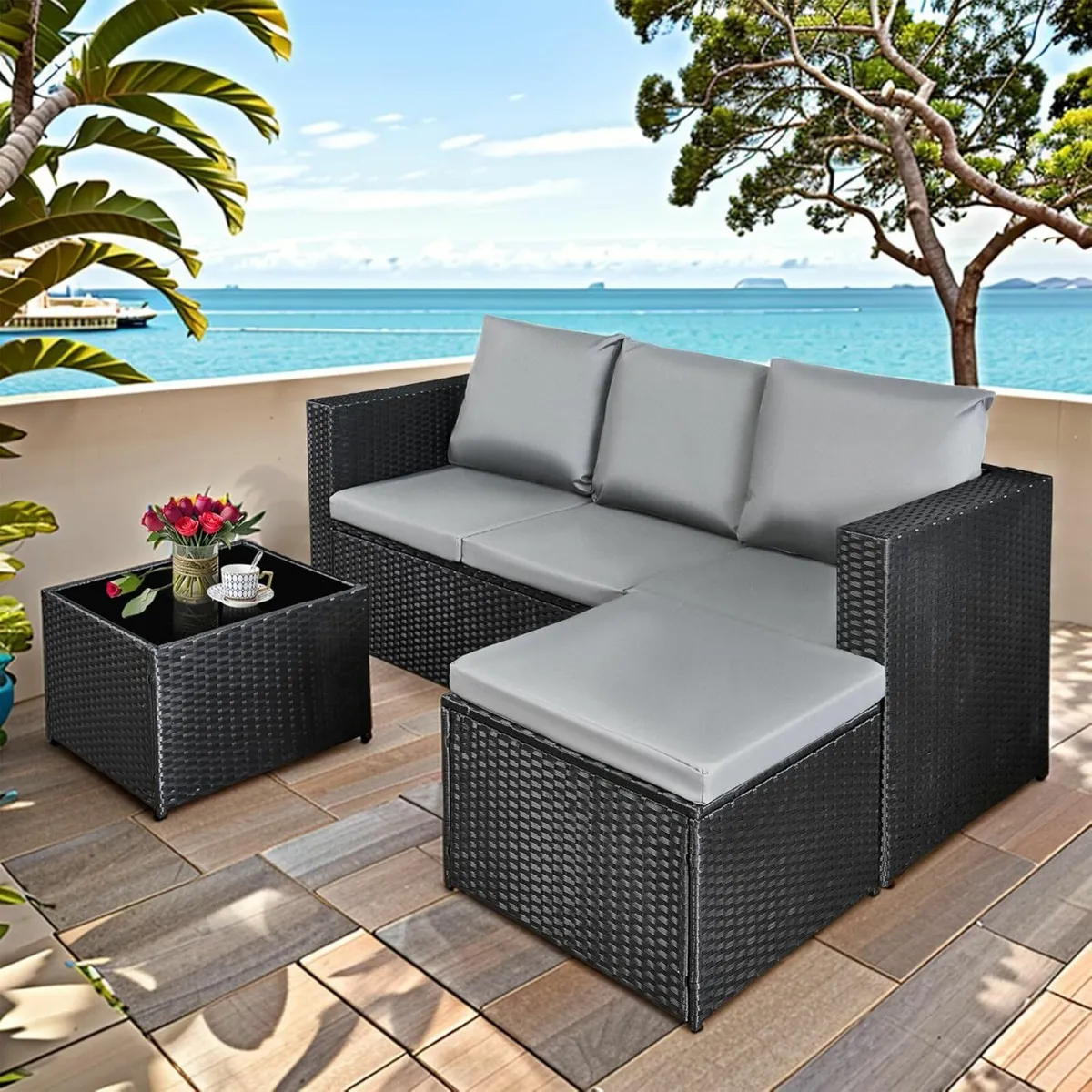 3 Pieces Rattan garden Patio Sets Glass Table - Image 2