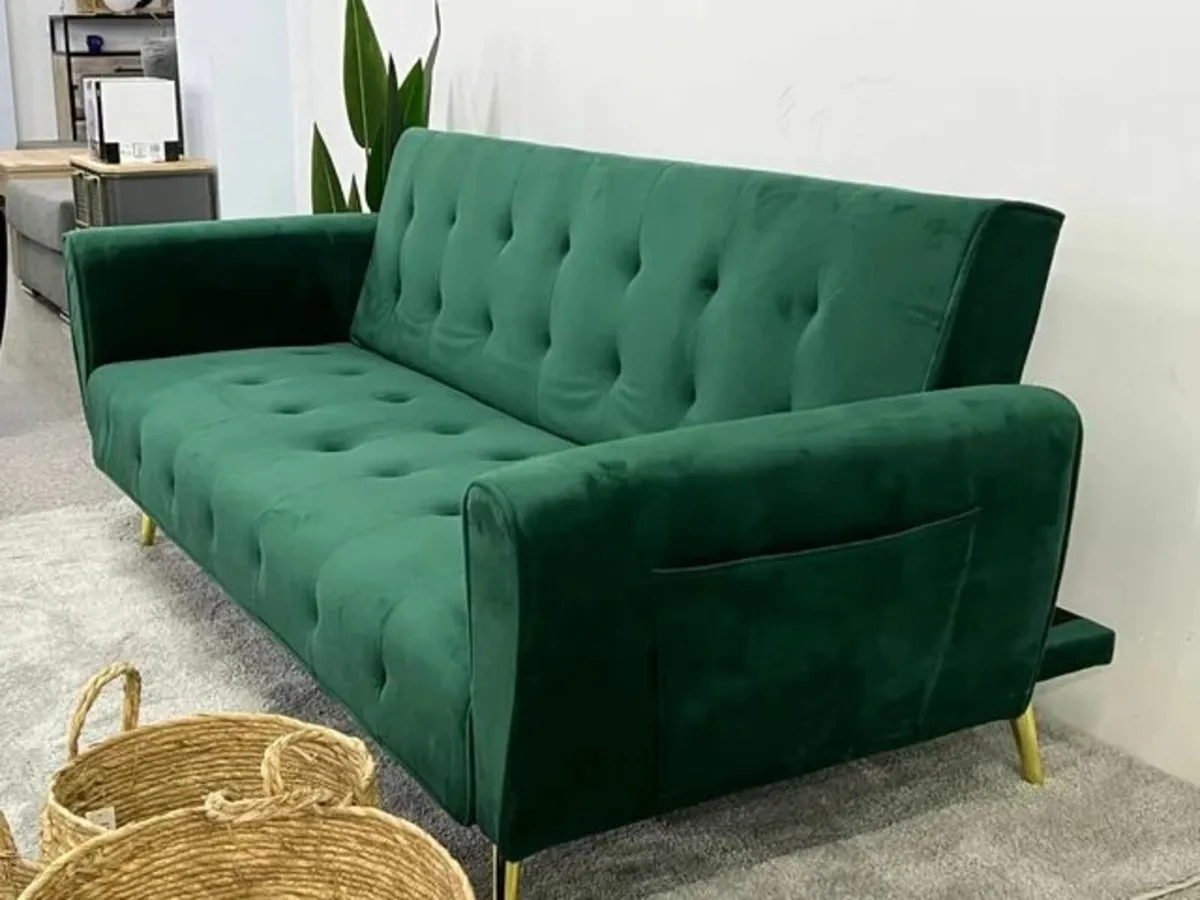 Luxury Velvet Sofa Bed with Golden Legs green - Image 1