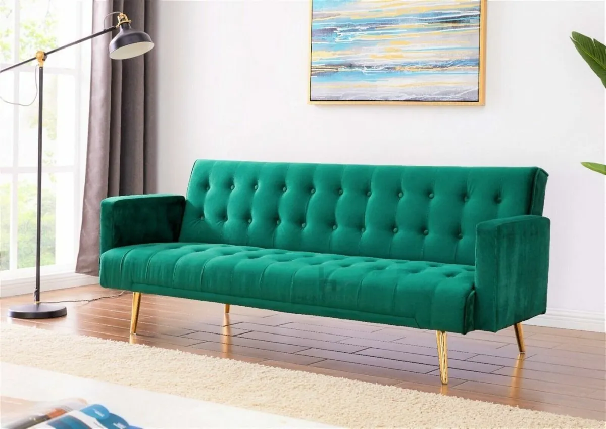 Luxury Velvet Sofa Bed with Golden Legs green - Image 1