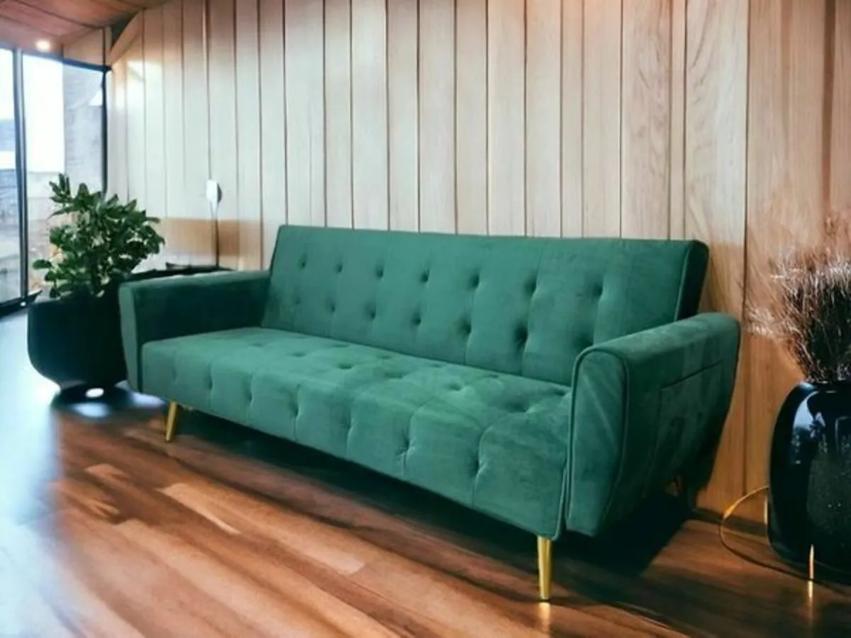 Luxury Velvet Sofa Bed with Golden Legs green - Image 1