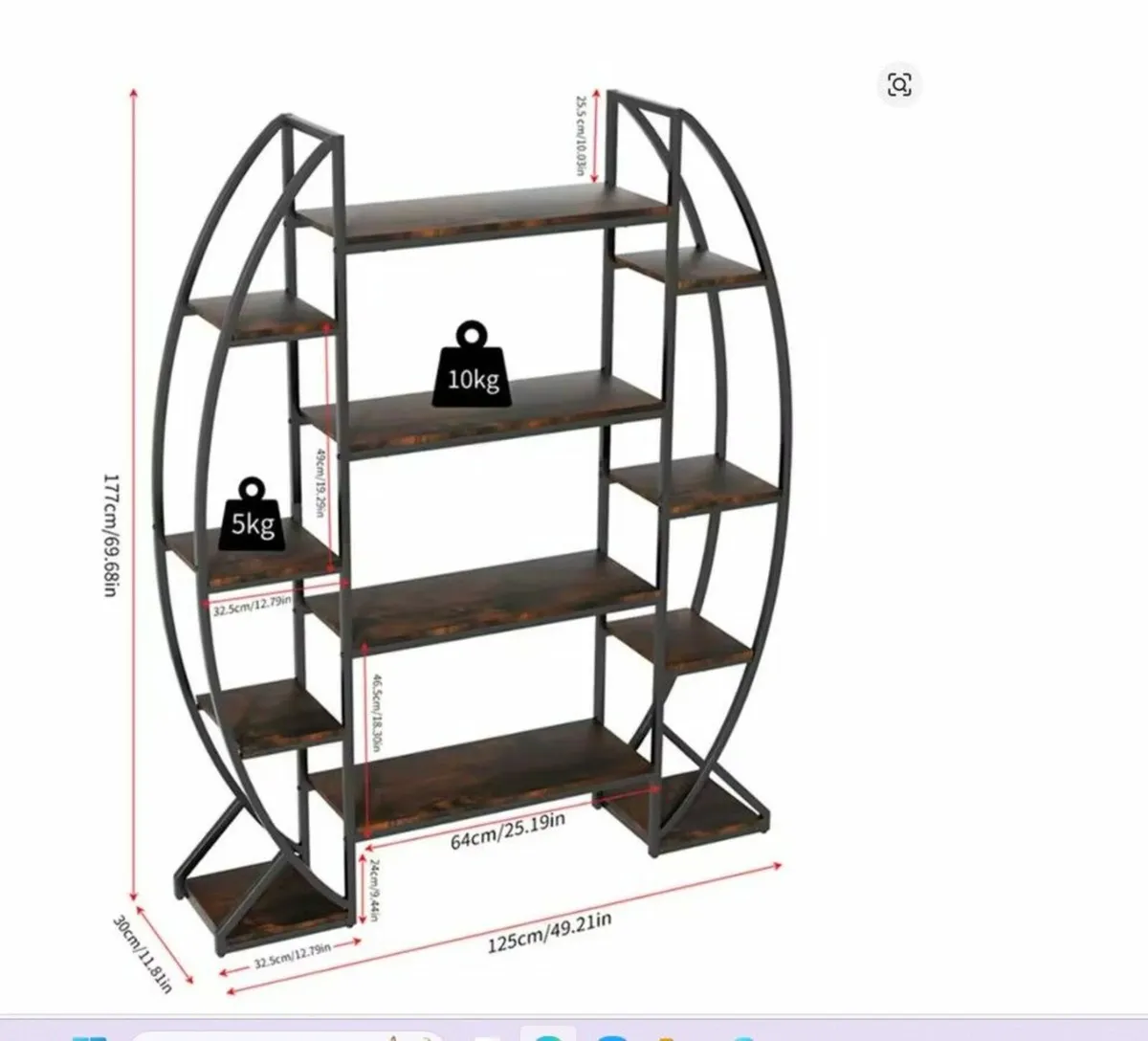 Industrial Half-Moon Bookshelf 5 Tier Oval Bookcas - Image 3