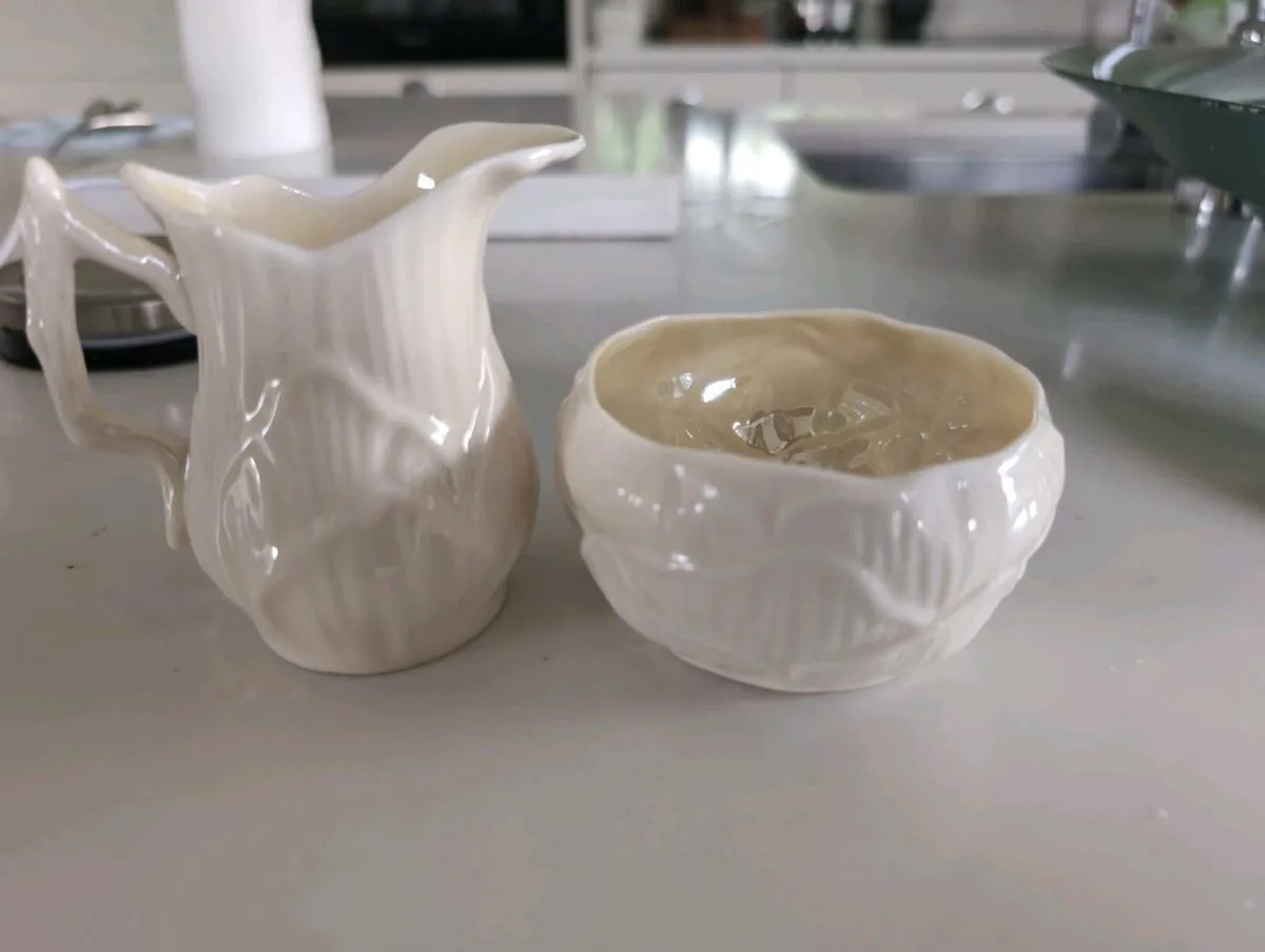 Vintage Belleek cream &sugar bowl green mark Lily - Image 1