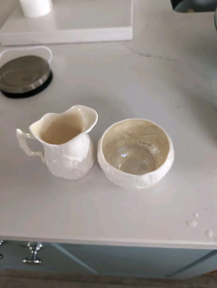Vintage Belleek cream &sugar bowl green mark Lily - Image 2