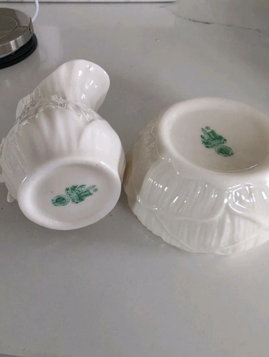 Vintage Belleek cream &sugar bowl green mark Lily - Image 3