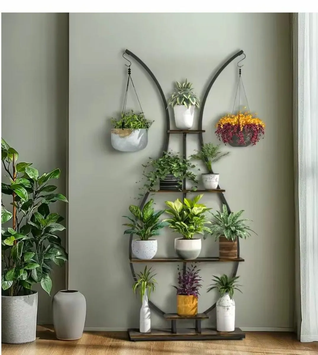 Tall 5 Tier Vase Shape Plant Stand with Hooks Indo - Image 3